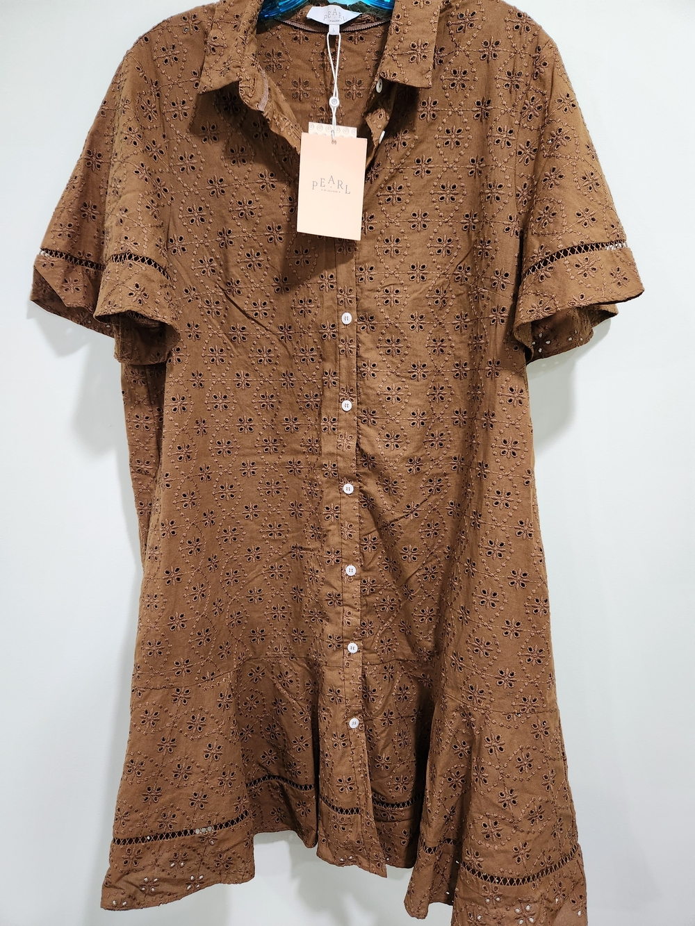 Pearl Brown Eyelet Button-Down Midi Dress